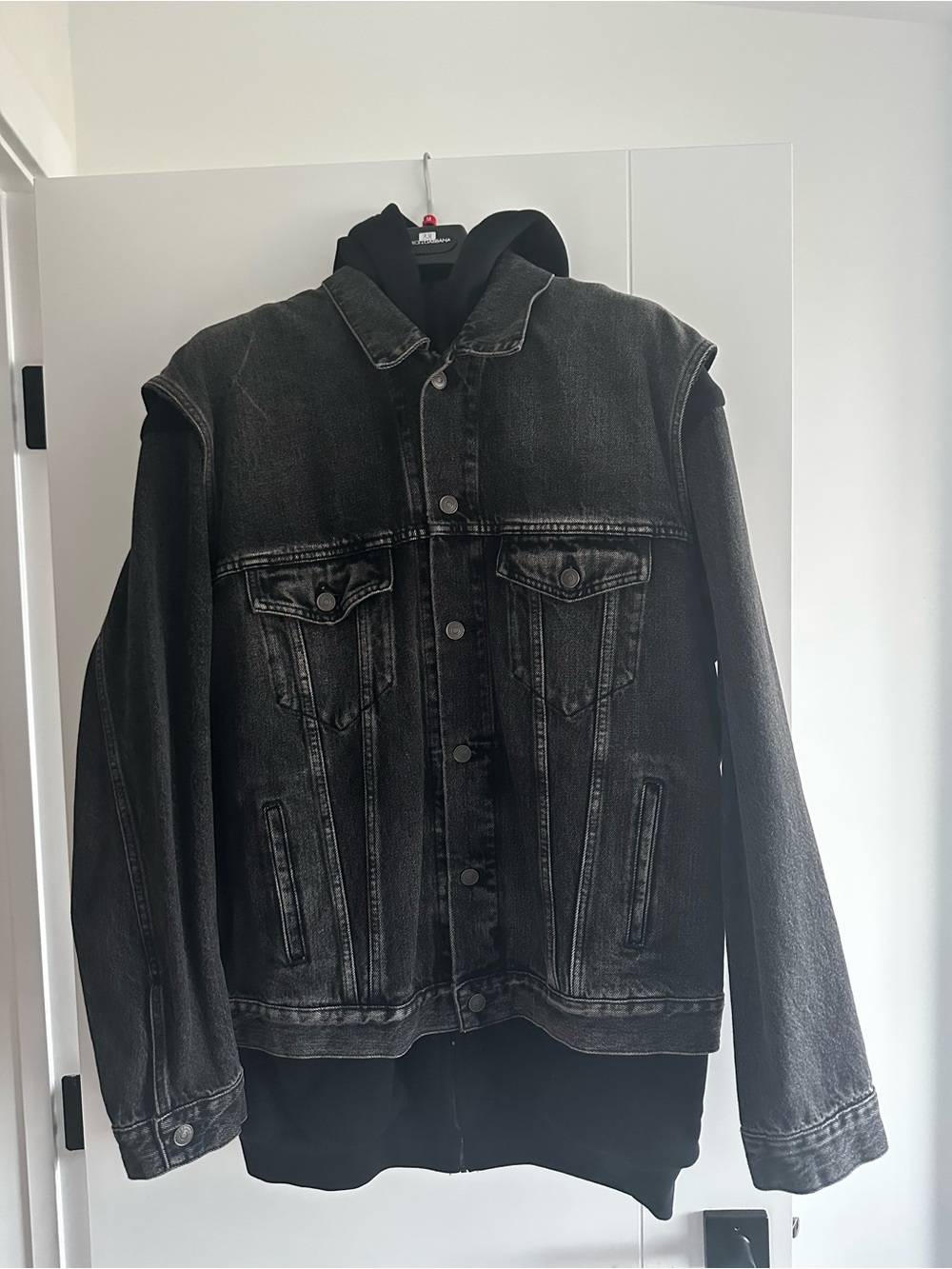 Balenciaga Black Washed Denim Jacket with Hoodie Layered Look- Demna Era
